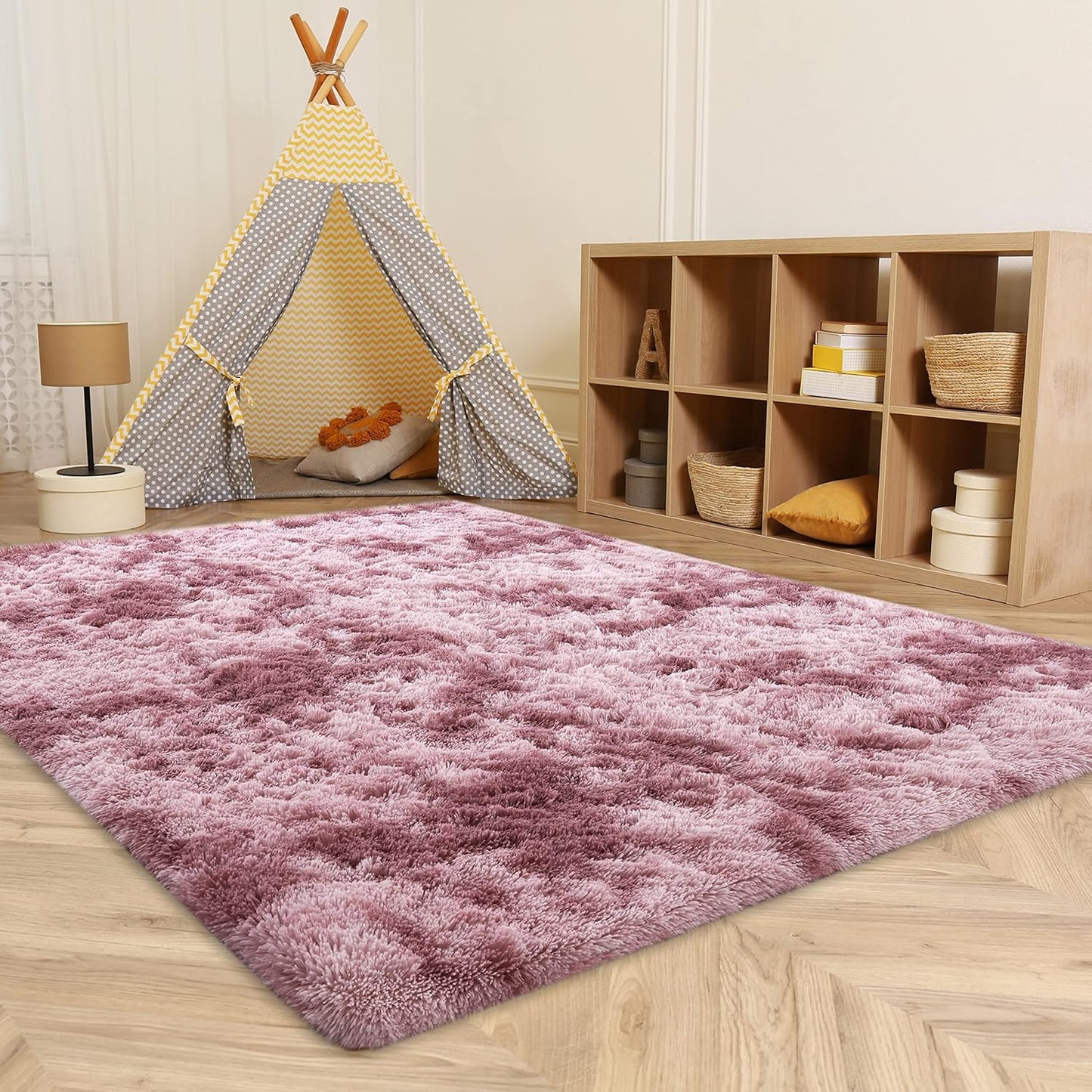 Shag Ultra Soft Area Rug, Non-Skid Fluffy 4'X6' Tie-Dyed Pink&Purple Fuzzy Indoor Faux Fur Rugs for Living Room Bedroom Nursery Girls Room Decor Furry Carpet Kids Playroom