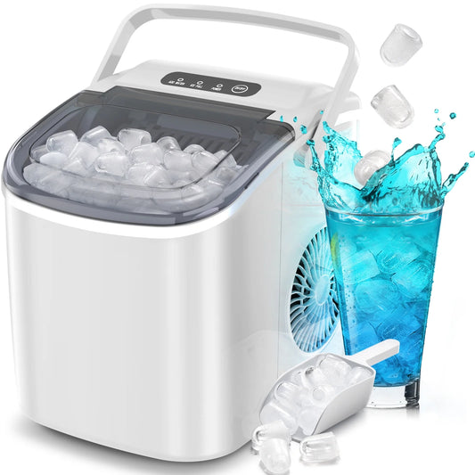 Countertop Ice Maker, Portable Ice Machine with Handle, 26Lbs/24H, 9 Cubes Ready in 6 Mins, One-Click Operation Ice Makers with Ice Scoop and Basket, for Kitchen/Office/Bar/Party (White)