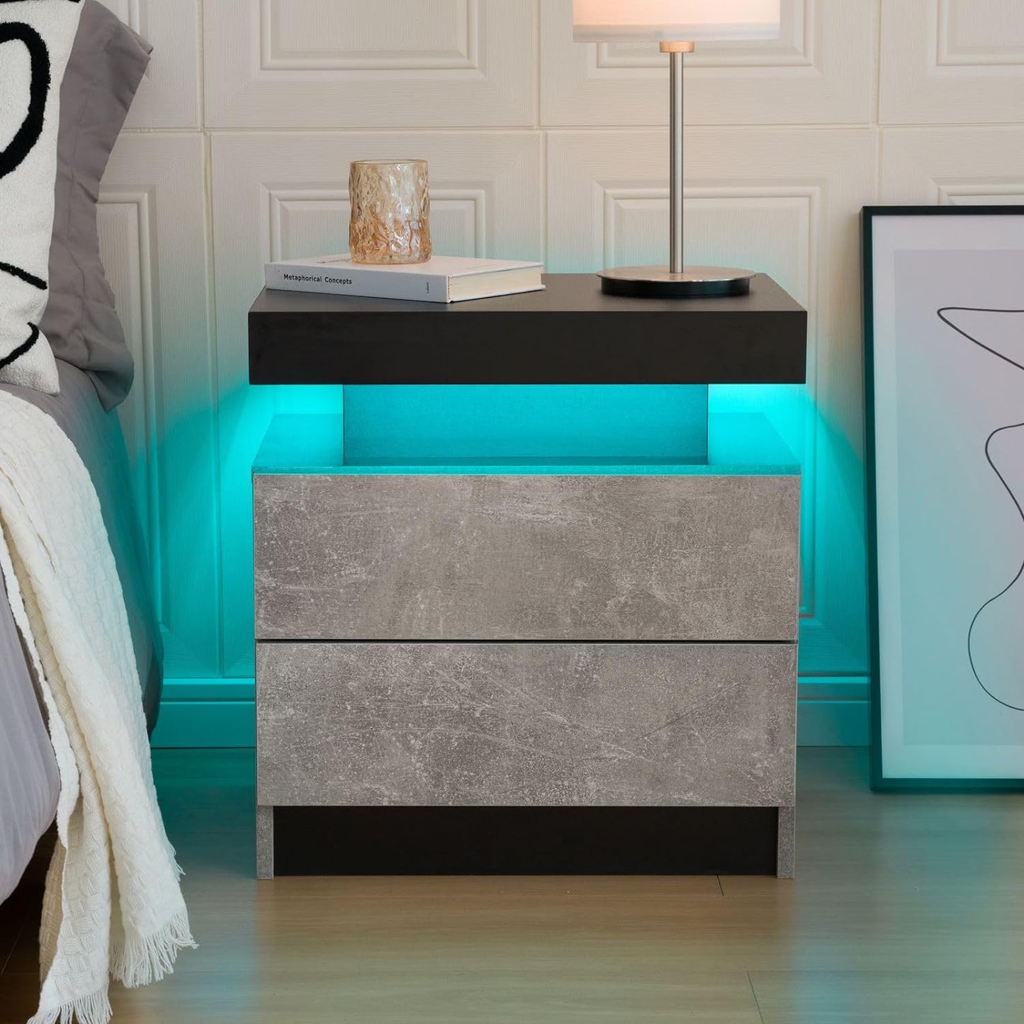 I-Aplus Bedside Table with 2 Drawers, LED Nightstand Wooden Cabinet Unit with LED Lights for Bedroom, End Table Side Table for Bedroom Living Room, Grey