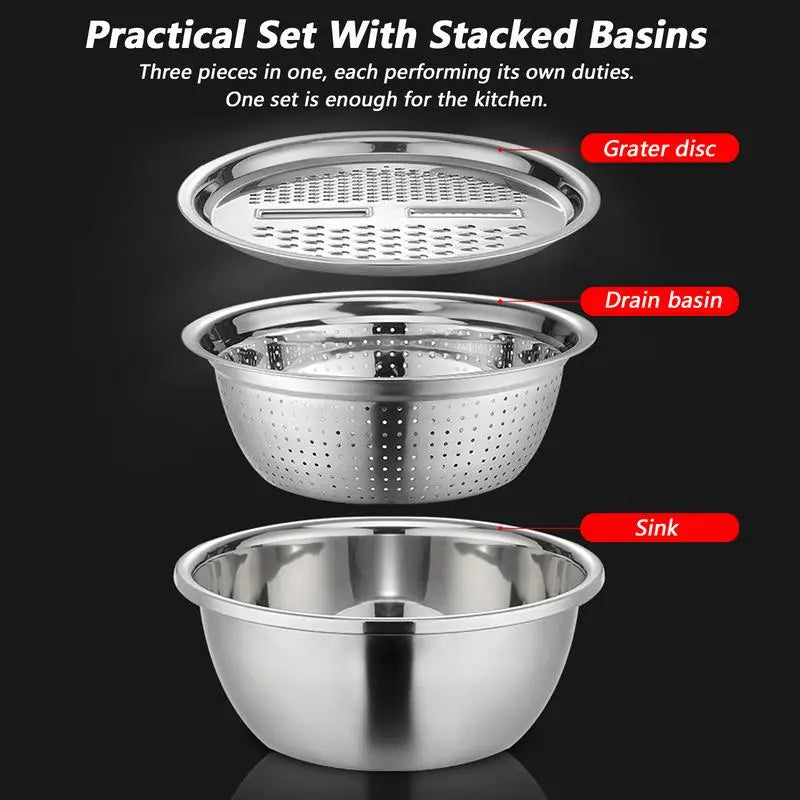 3 in 1 Vegetable Slicer Cutter Drain Basket Stainless Steel Vegetable Julienne Grater Salad Maker Bowl Kitchen Accessories