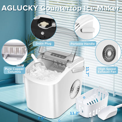 Countertop Ice Maker, Portable Ice Machine with Handle, 26Lbs/24H, 9 Cubes Ready in 6 Mins, One-Click Operation Ice Makers with Ice Scoop and Basket, for Kitchen/Office/Bar/Party (White)