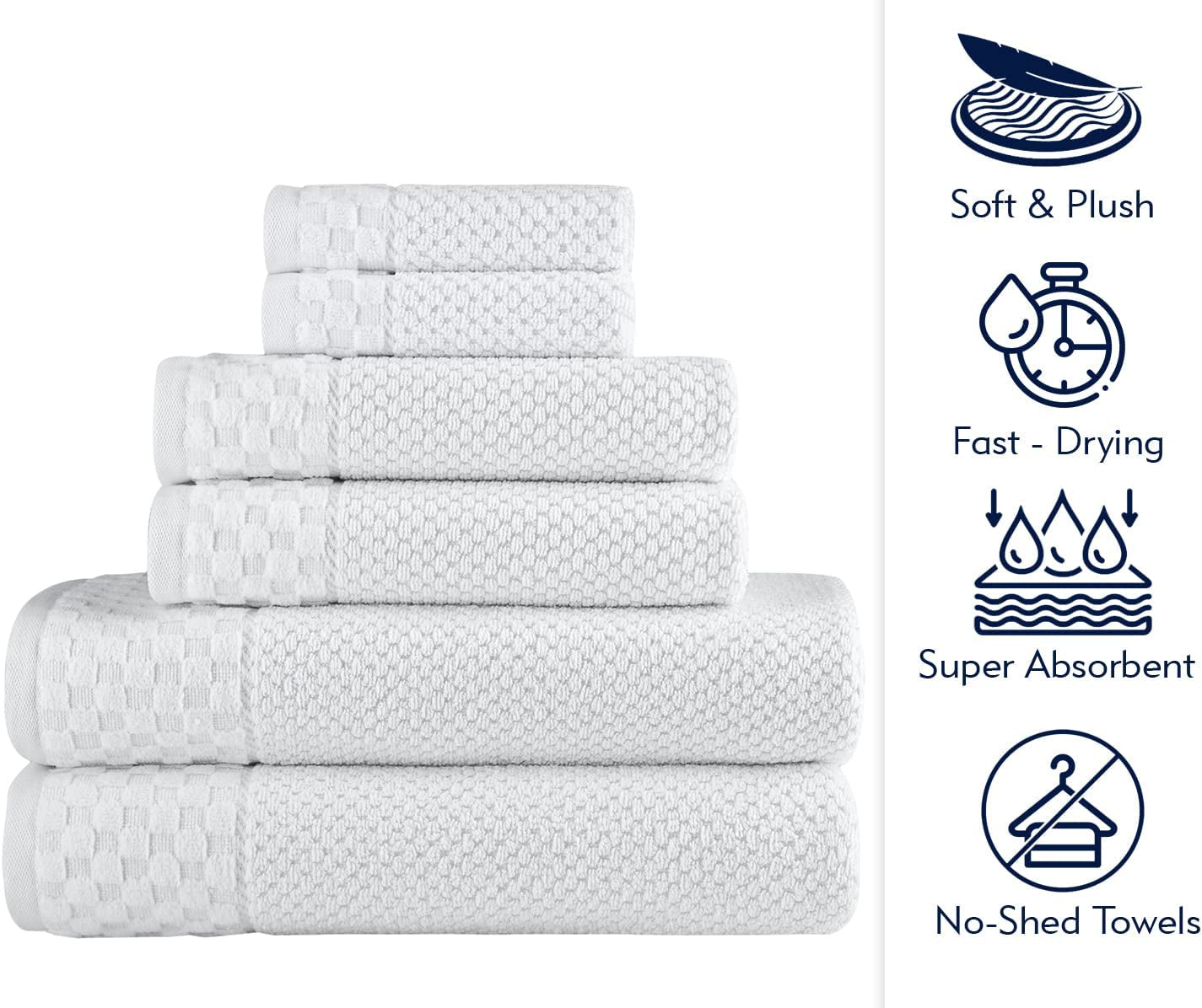 - Soft Textured and Quick Dry - 6 Piece Luxury White Towels for Bathroom - 100% Turkish Cotton - 2 Bath Towels, 2 Washcloths and 2 Hand Towels Set