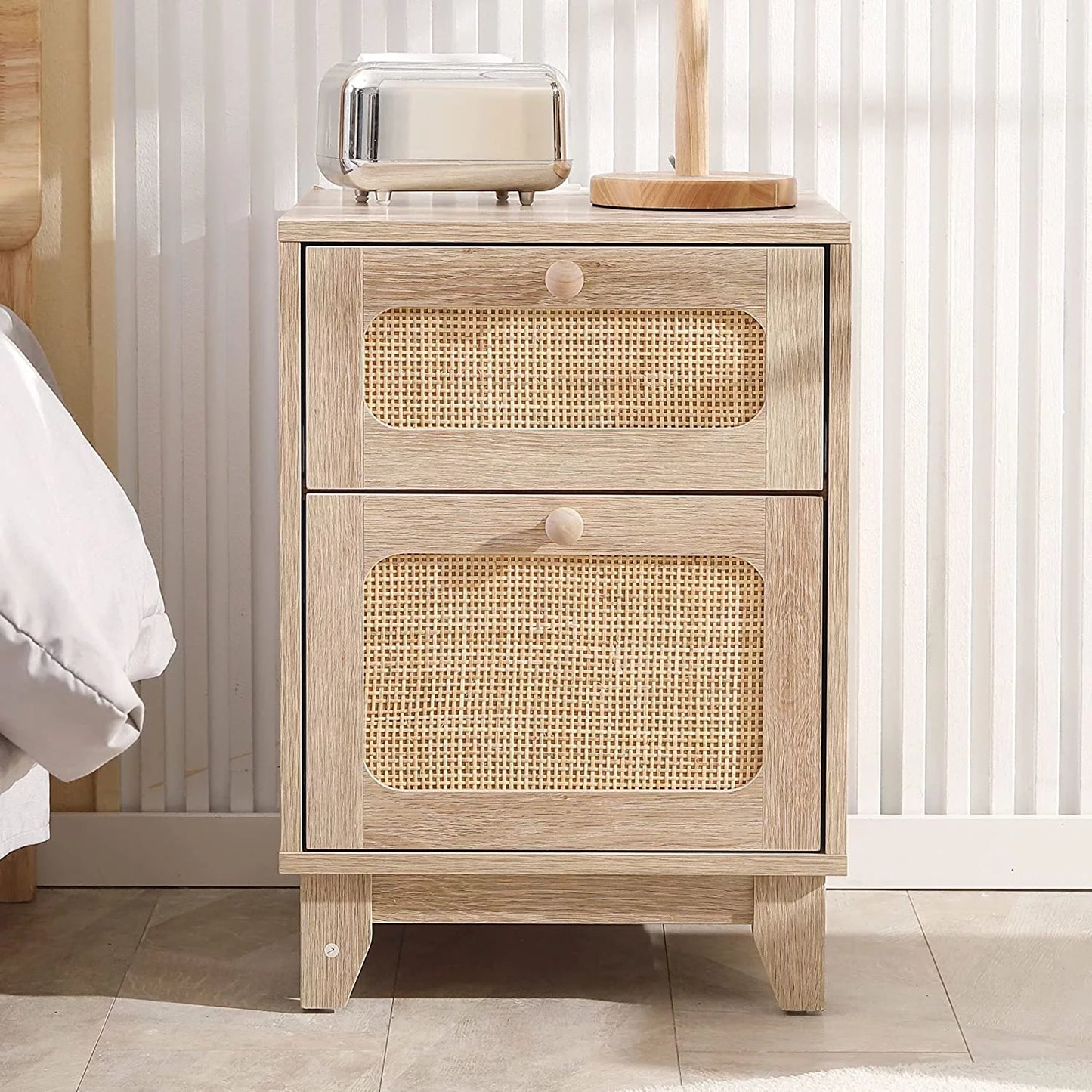 Rattan Nightstand Set with Charging Station, Handmade Rattan Decorated Drawer and Door, Natural