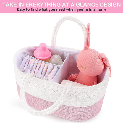 Baby Diaper Caddy, Nursery Storage Bin and Car Organizer for Diapers and Baby Wipes, Cotton Rope Diaper Basket Caddy, Changing Table Diaper Storage Caddy Baby Gift Baskets -Pink