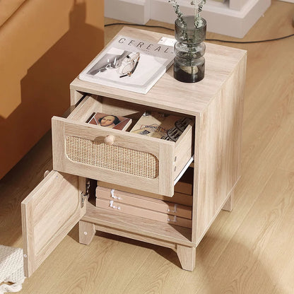 Rattan Nightstand Set with Charging Station, Handmade Rattan Decorated Drawer and Door, Natural