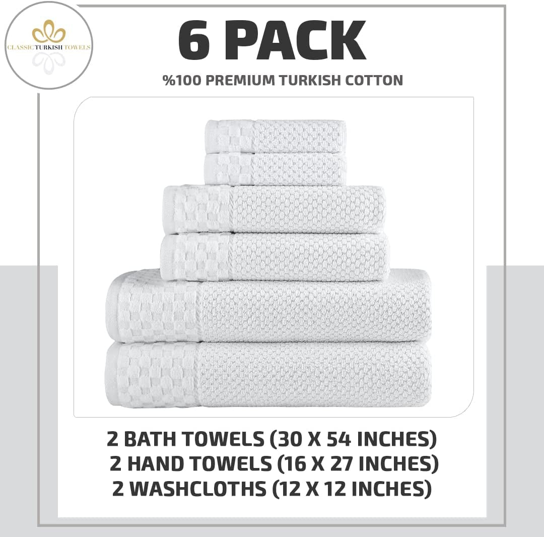 - Soft Textured and Quick Dry - 6 Piece Luxury White Towels for Bathroom - 100% Turkish Cotton - 2 Bath Towels, 2 Washcloths and 2 Hand Towels Set