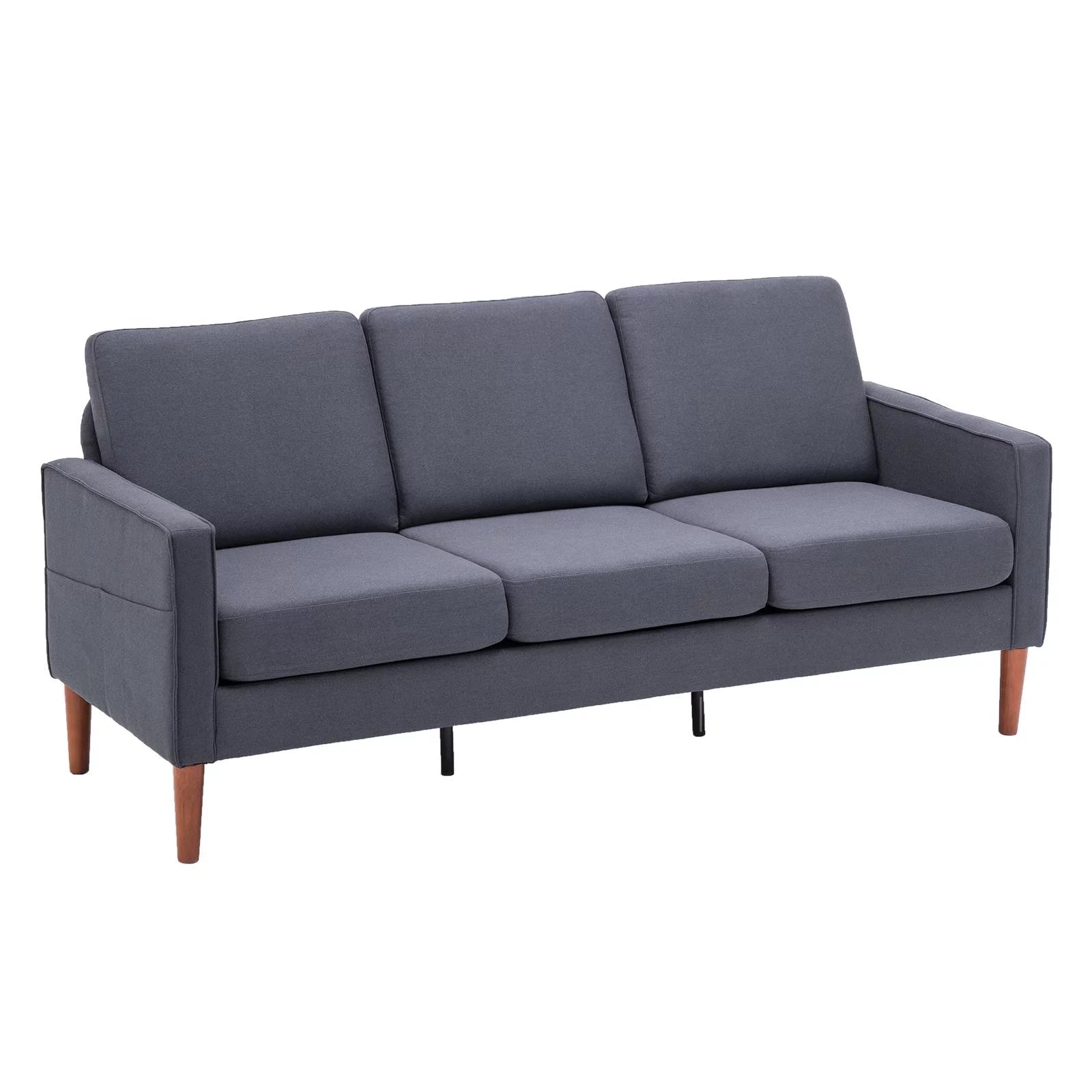 3 Seat Couch Mid Century Fabric Sofa with Wood Legs, Comfortable Sofa Couch for Small Apartment Living Room Bedroom Dark Grey