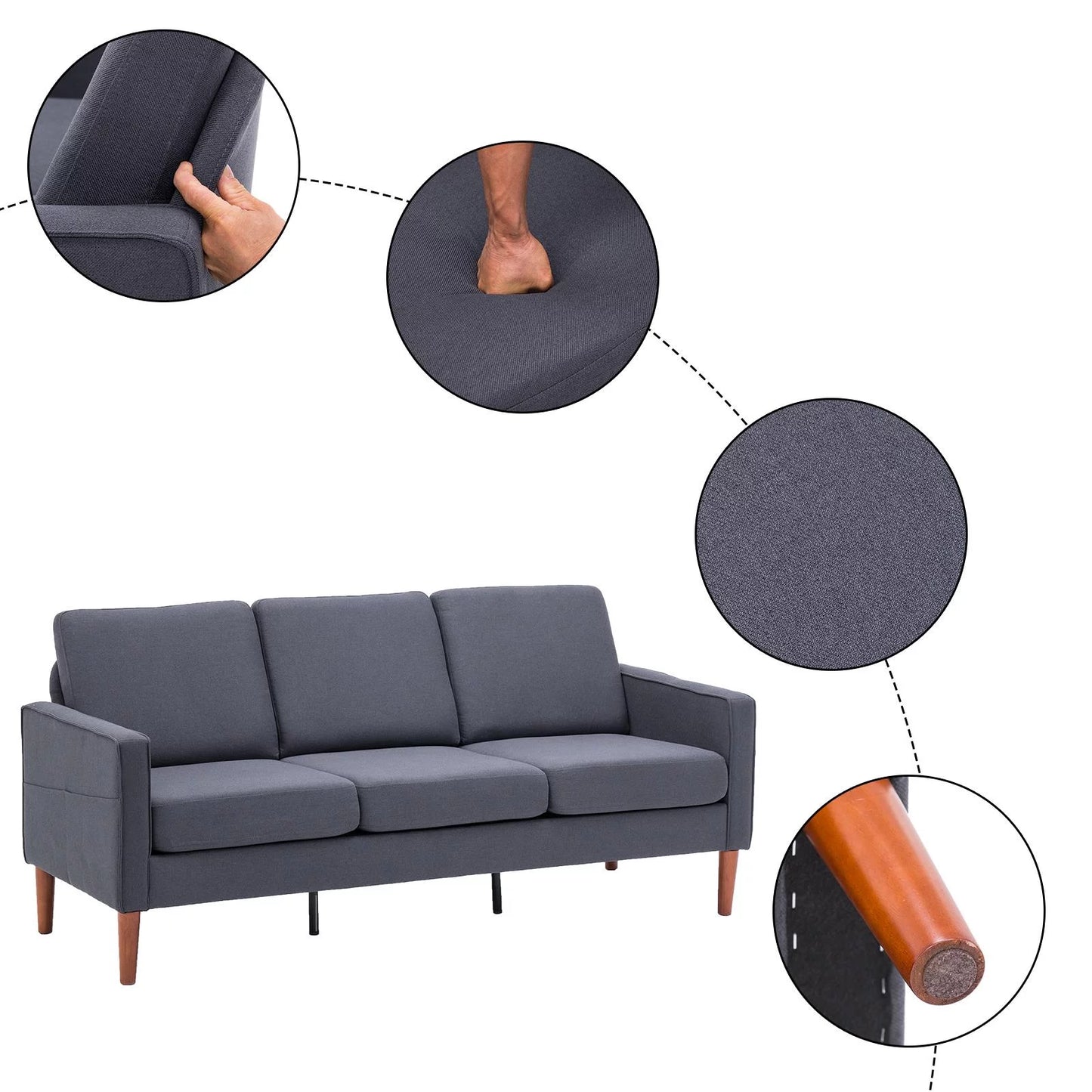 3 Seat Couch Mid Century Fabric Sofa with Wood Legs, Comfortable Sofa Couch for Small Apartment Living Room Bedroom Dark Grey