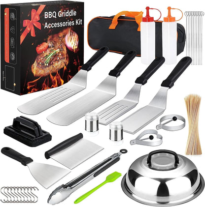 Grill Accessories, Stainless Steel Grip Barbecue Accessories for Outdoor Camping, 15 Flat Top Griddle Accessories Kit with Spatula, Basting Cover, Scraper,Bottle,Tongs,Egg Rings & Carry Bag