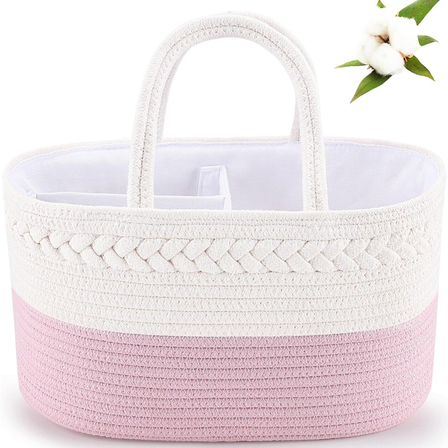 Baby Diaper Caddy, Nursery Storage Bin and Car Organizer for Diapers and Baby Wipes, Cotton Rope Diaper Basket Caddy, Changing Table Diaper Storage Caddy Baby Gift Baskets -Pink