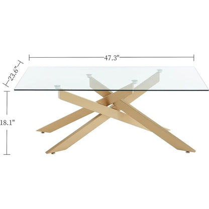 Coffee Tables Tempered Glass Top and Metal Tubular Leg Coffee Tables for Living Room Gold Cafe Table 47.3”Lx23.6”Wx18.1”H Center