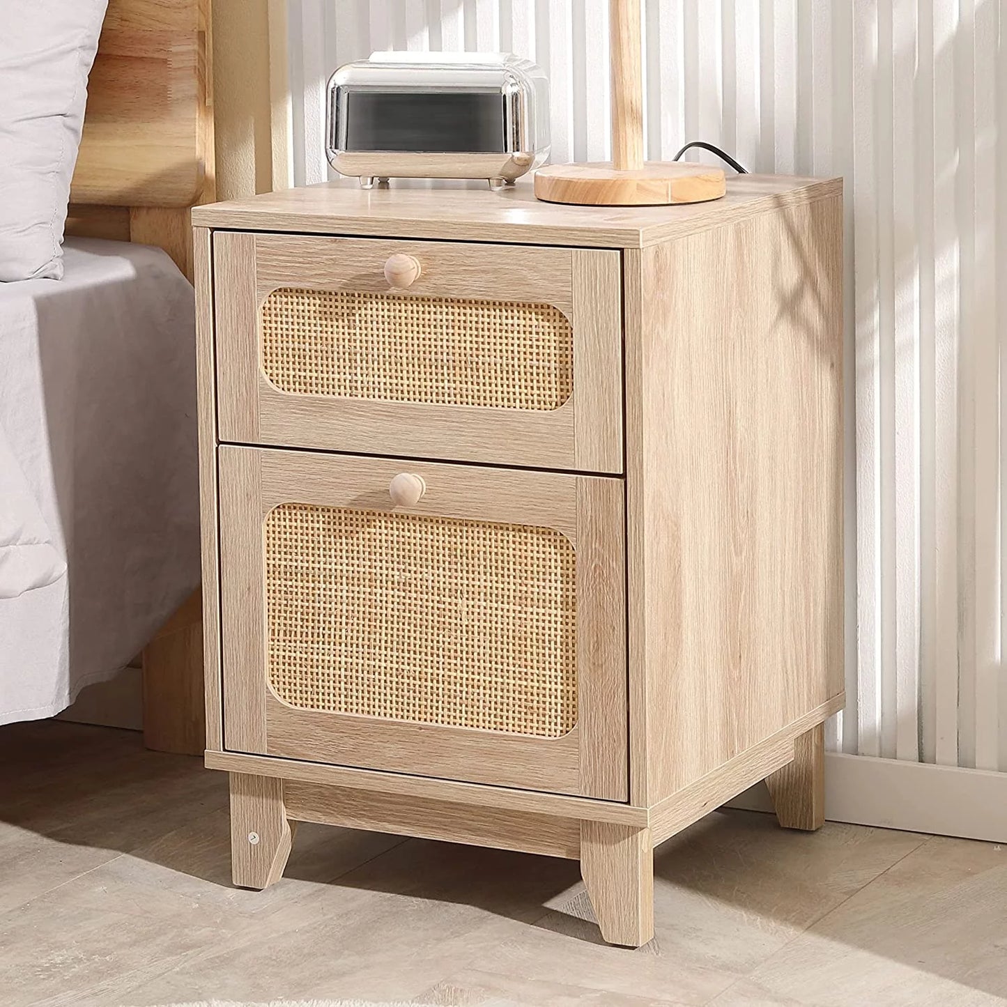 Rattan Mid-Century Modern Nightstand Set with Handmade Rattan Decorated Drawer and Door, Bedroom, Living Room, Natural