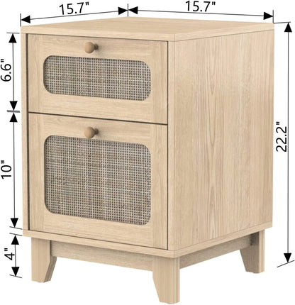 Rattan Mid-Century Modern Nightstand Set with Handmade Rattan Decorated Drawer and Door, Bedroom, Living Room, Natural