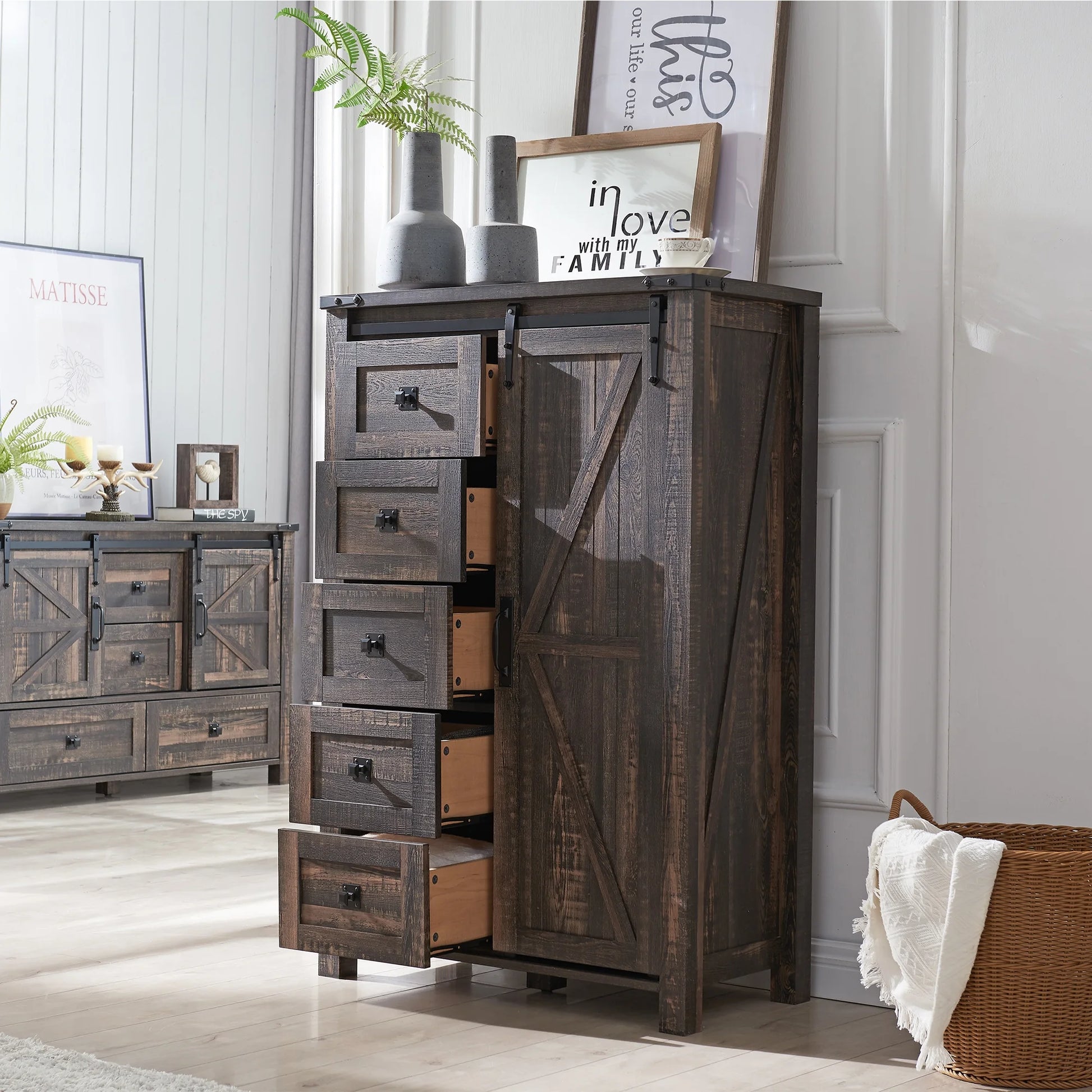 Farmhouse 5-Drawer Dressers with Barn Door and Shelf for Bedroom, Metal Nursery Dresser Organizer, Tall Dresser Chest of Drawers, White