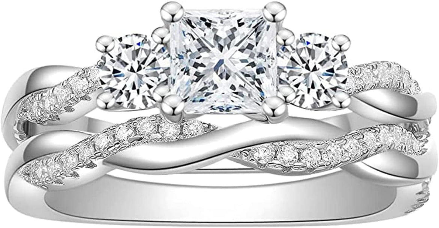 Sterling Silver Center 1Ct Three Stone Princess Cut Moissanite Engagement Wedding Anniversary Promise Ring Bridal Set 2 Pieces Engagement Rings for Women Moissanite Wedding Band Bridal Set (Available in Size 6, 7, 8, 9)