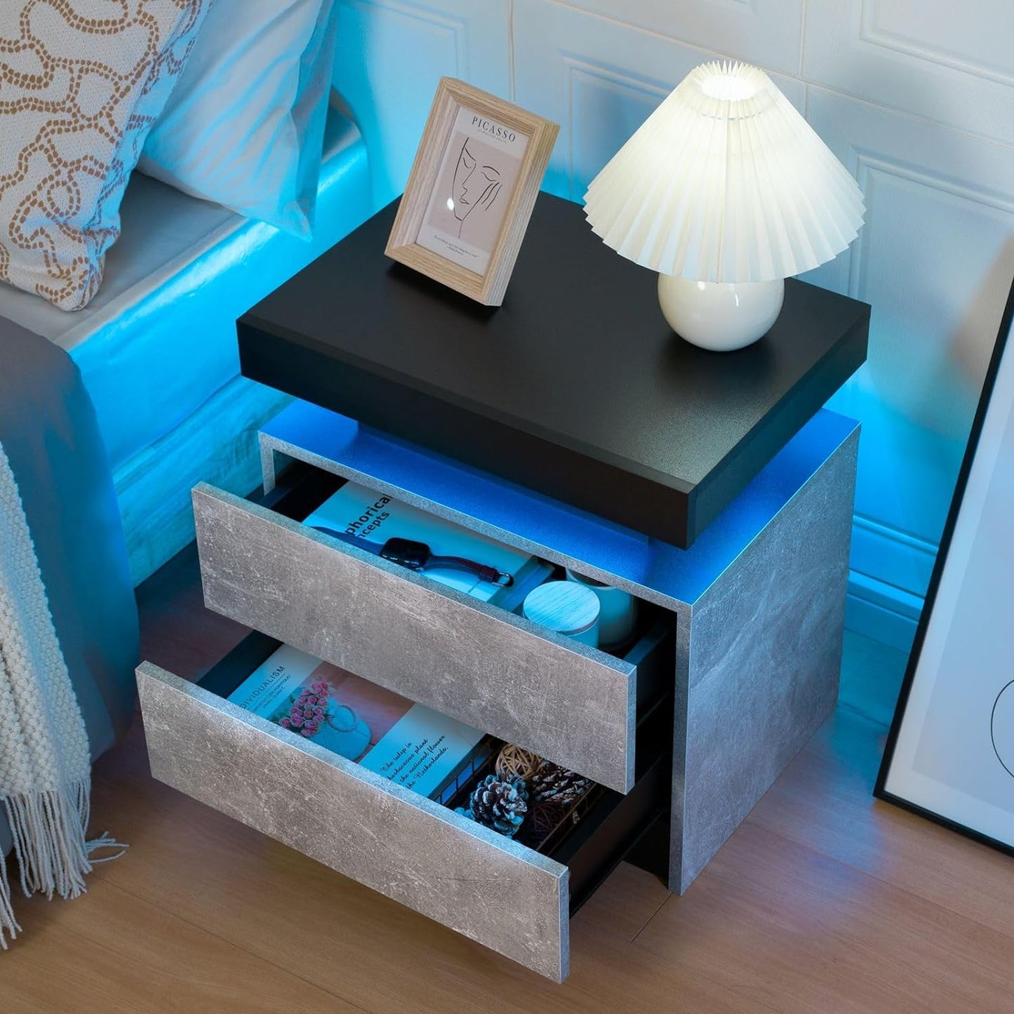 I-Aplus Bedside Table with 2 Drawers, LED Nightstand Wooden Cabinet Unit with LED Lights for Bedroom, End Table Side Table for Bedroom Living Room, Grey