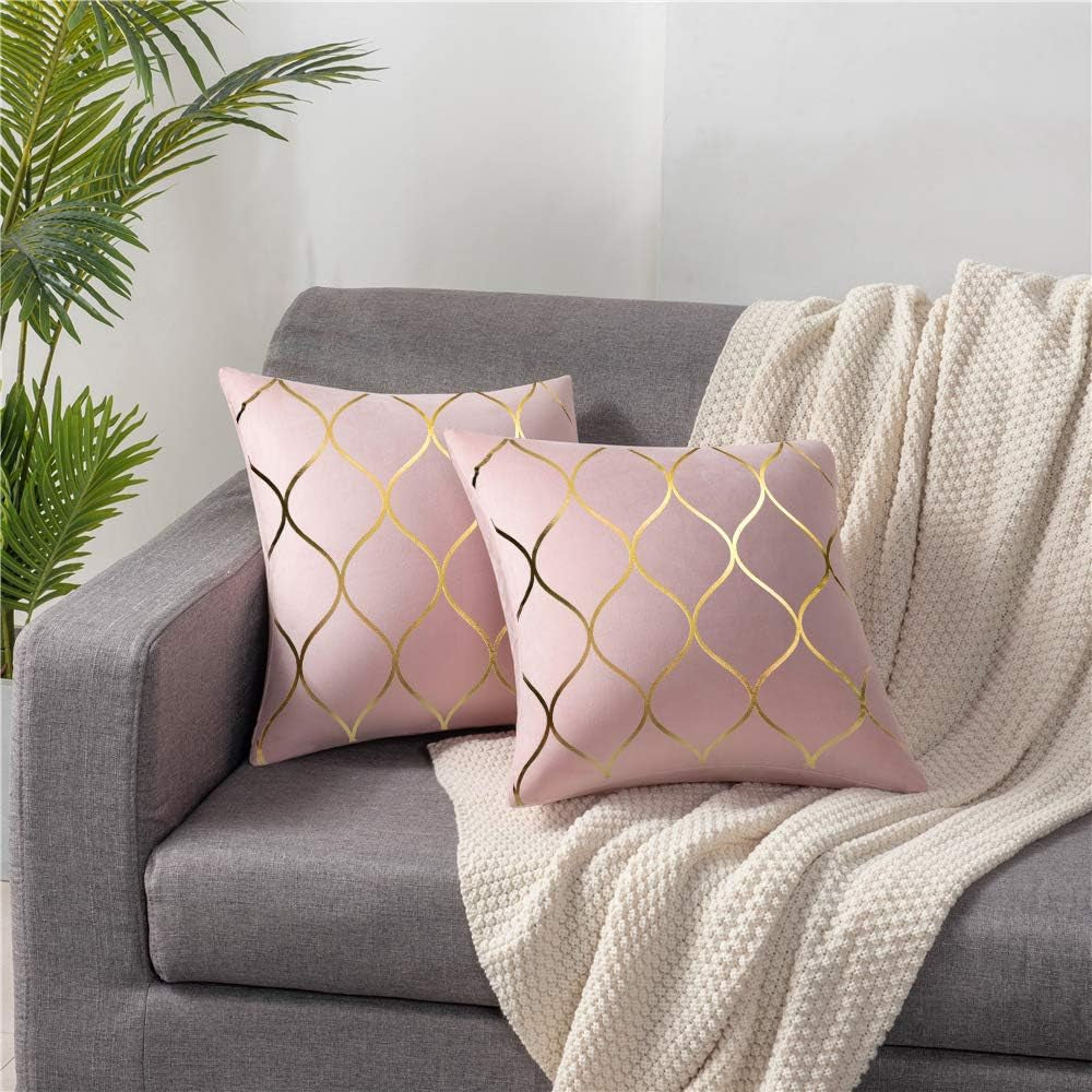 Gold Velvet Throw Pillow Covers: 2 Pack 18X18 Inch Square Decorative Pillow Cases for Bedroom Sofa Couch Living Room, Pink