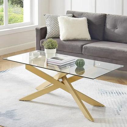 Coffee Tables Tempered Glass Top and Metal Tubular Leg Coffee Tables for Living Room Gold Cafe Table 47.3”Lx23.6”Wx18.1”H Center