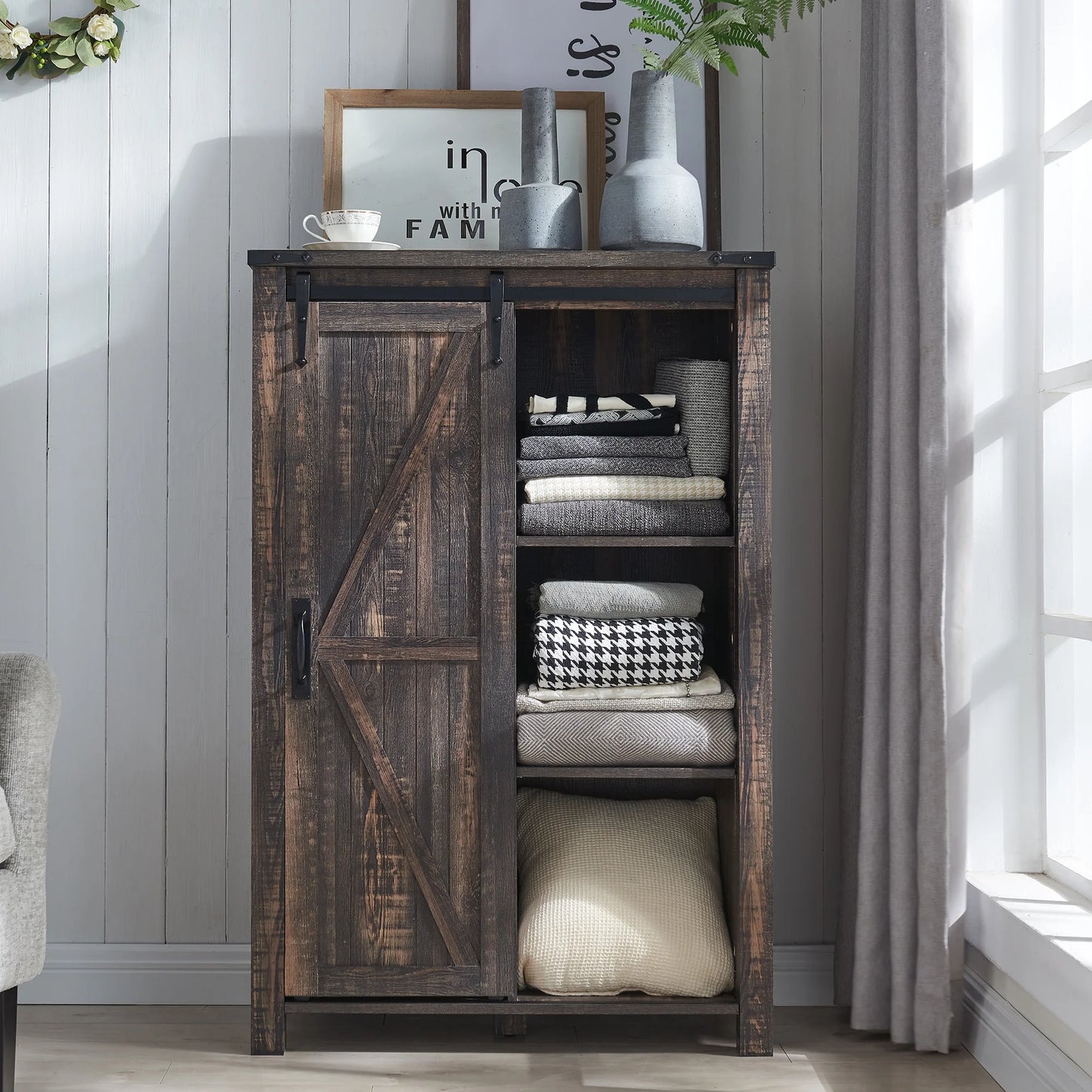 Farmhouse 5-Drawer Dressers with Barn Door and Shelf for Bedroom, Metal Nursery Dresser Organizer, Tall Dresser Chest of Drawers, White