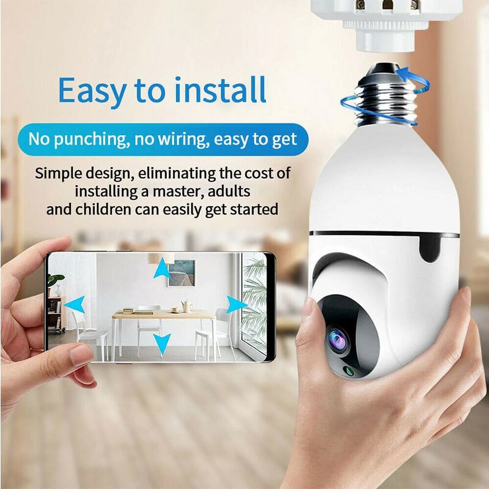 Wireless Security Camera, WIFI IP Camera, E27 Light Bulb 1080P HD Security Monitor Cam with Infrared Night Vision, White (Supports Only 2.4Ghz Wi-Fi)